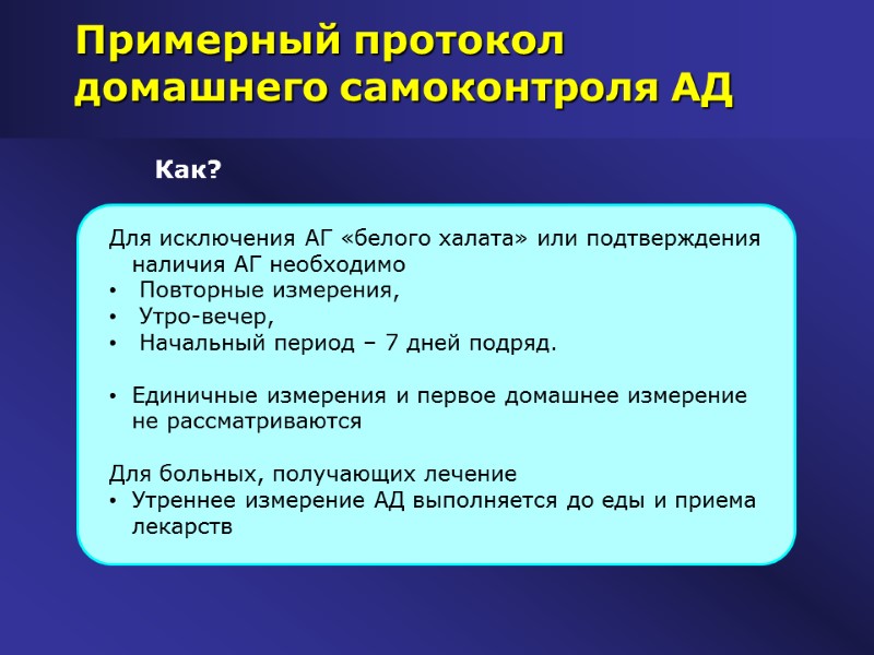 Примерный протокол домашнего самоконтроля АД Для исключения АГ «белого халата» или подтверждения наличия АГ